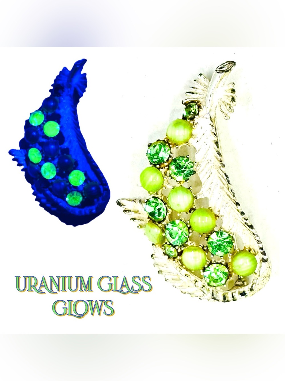 Vintage Silver Tone White Enamel Green Crystal & Uranium Glass Leaf Brooch